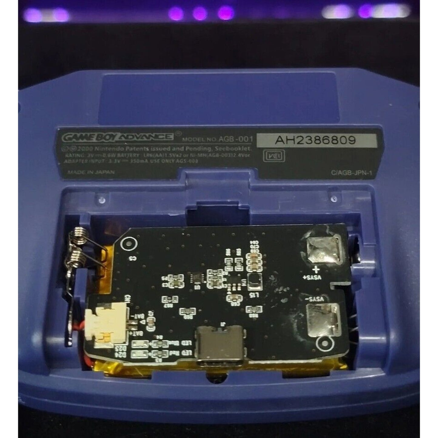 Indigo Game Boy Advance GBA iPS Backlit LCD USB-C 1800 mAh Rechargeable Battery