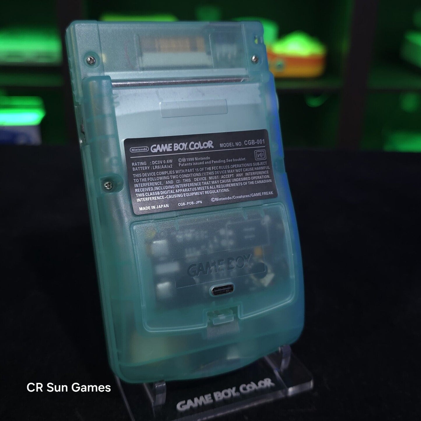 Glow In The Dark Blue Gameboy Color Console OLED Touch & USB-C Recharge Battery