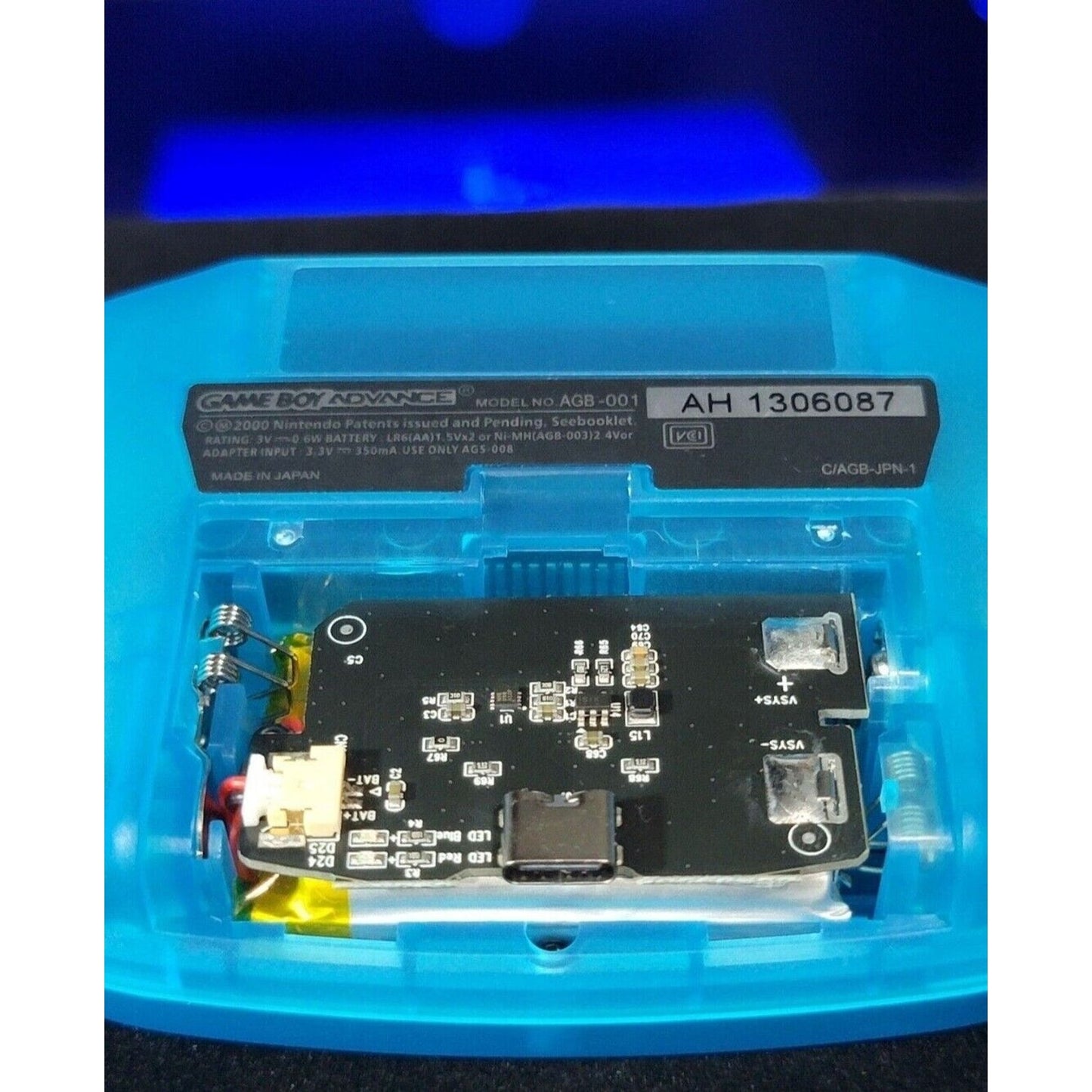 Clear Blue Game Boy Advance GBA iPS LCD USB-C 1800 mAh Rechargeable Battery