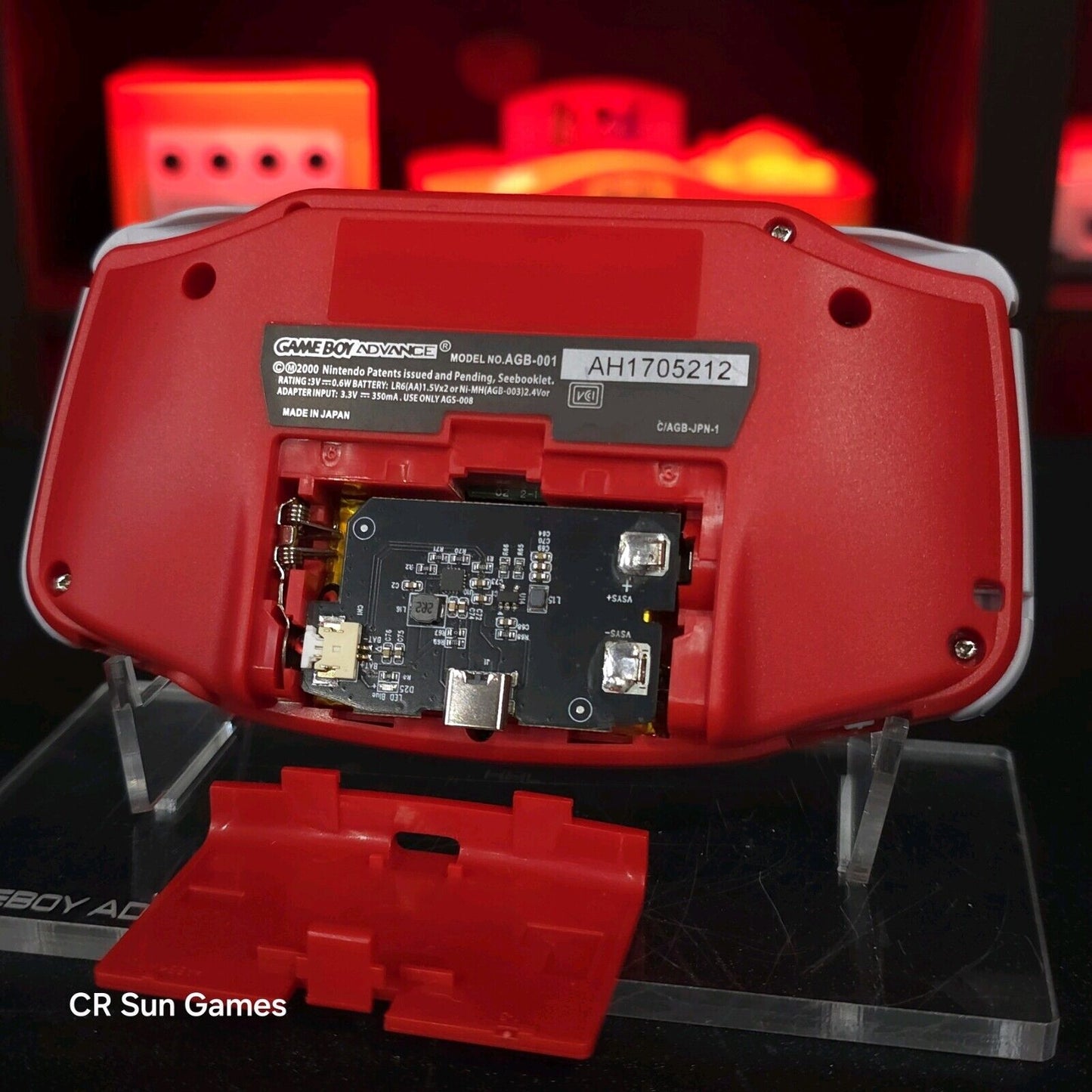 Mario Red Game Boy Advance GBA iPS LCD USB-C 1800 mAh Rechargeable Battery