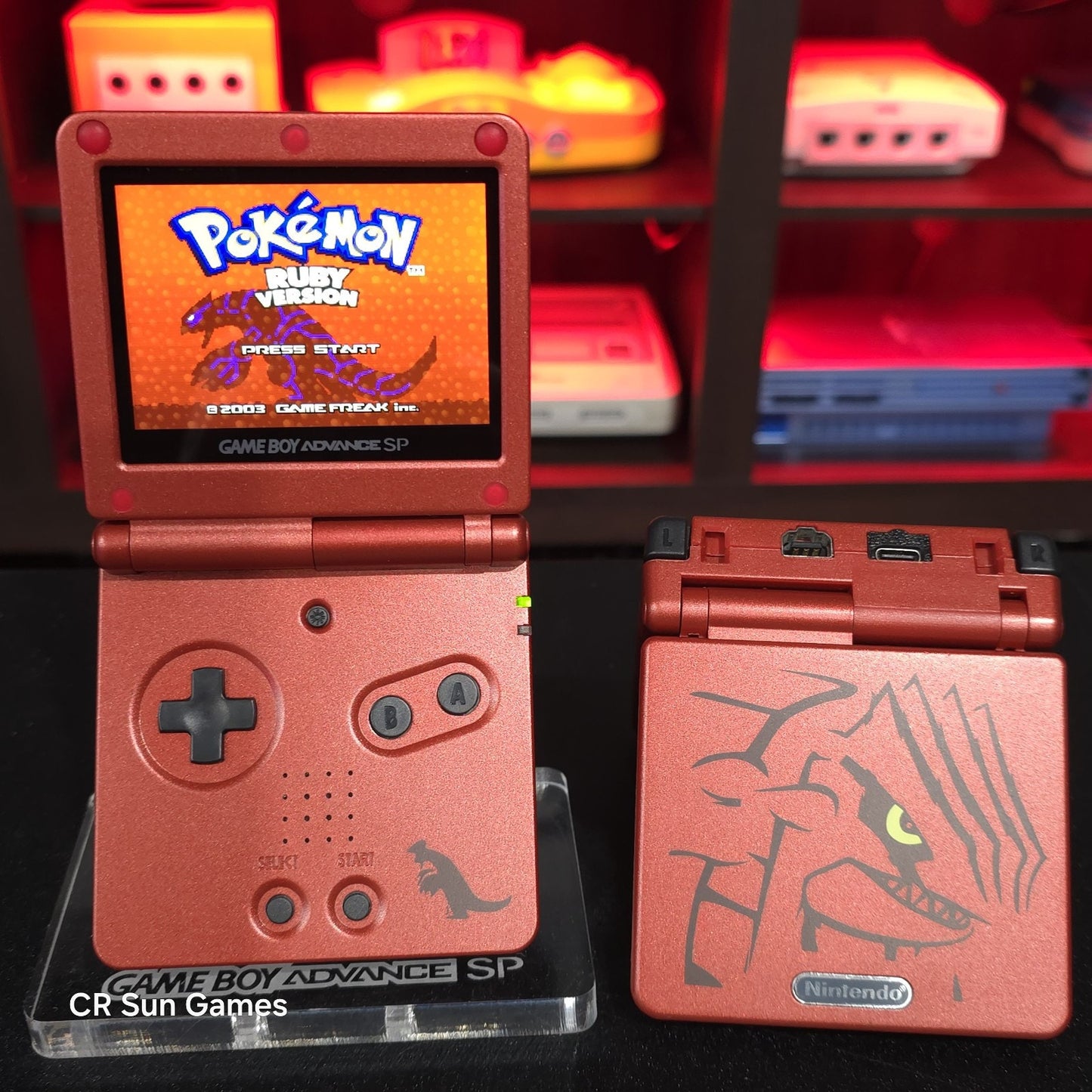 Red Nintendo Game Boy Advance GBA SP IPS V2 And USB-C Mod- Groudon