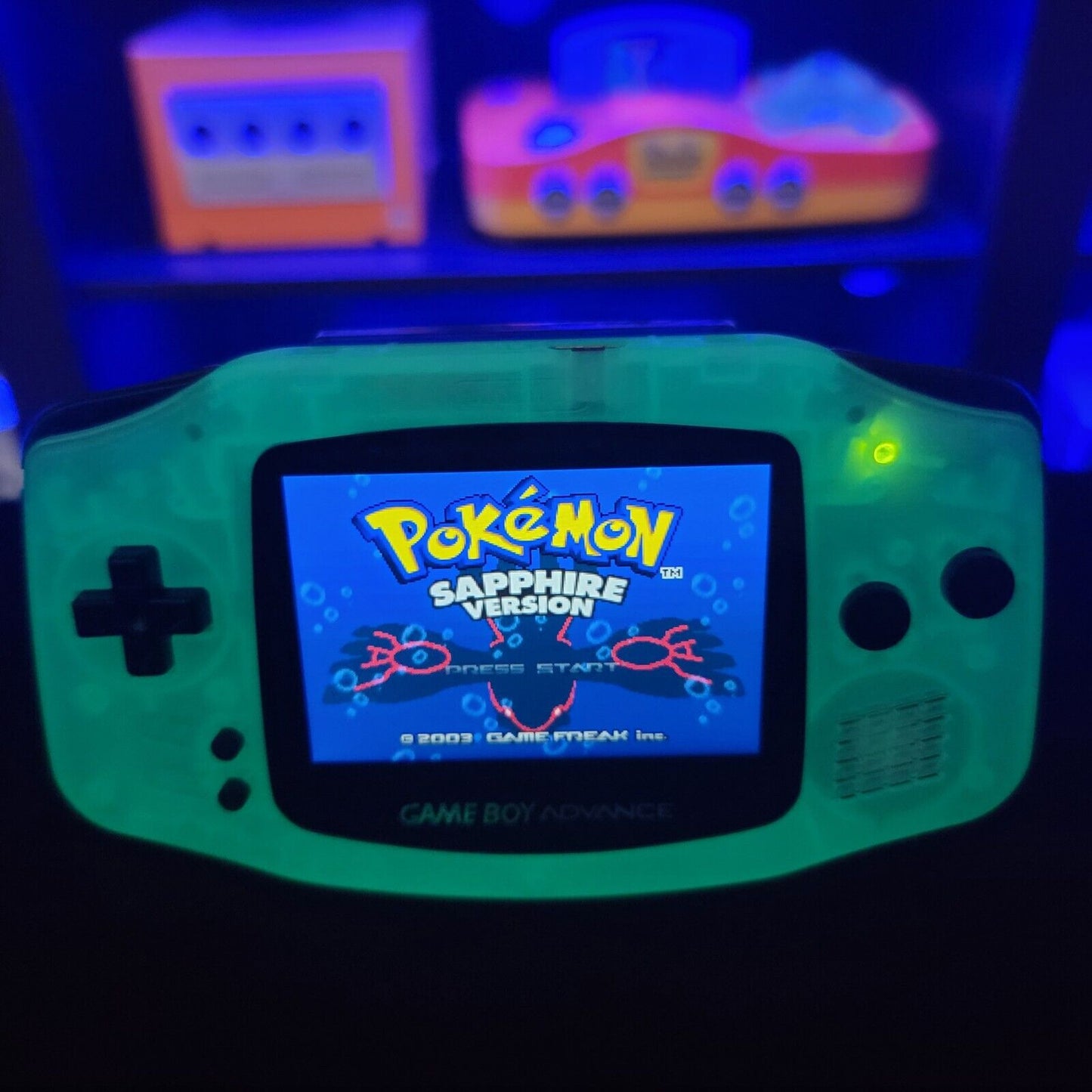 Glacial Glow In The Dark Gameboy Advance GBA Console with iPS Backlight LCD MOD