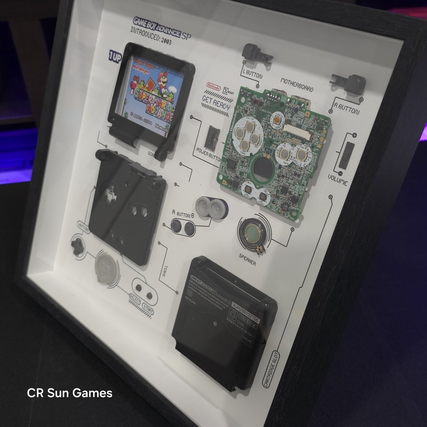 Disassembled Glacial Black Advance SP GBA SP Teardown With Frame Original Parts