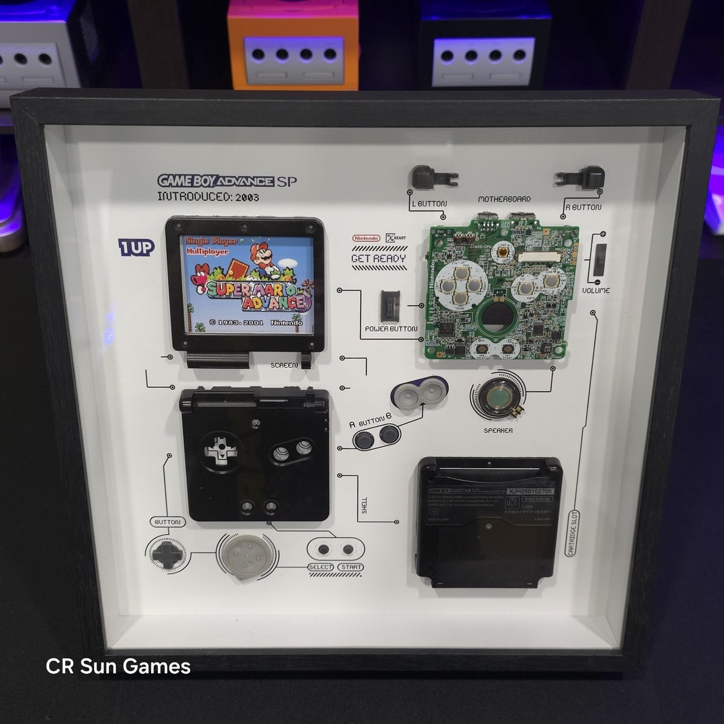 Disassembled Glacial Black Advance SP GBA SP Teardown With Frame Original Parts