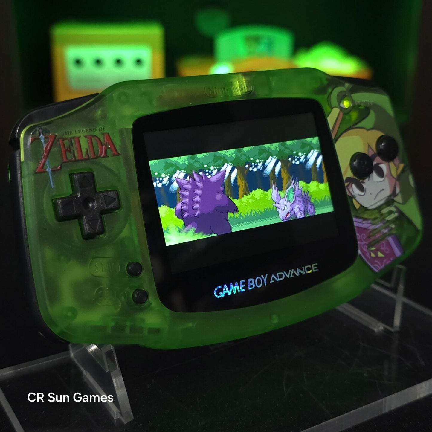 Link Zelda Clear Green Game Boy Advance GBA Console with iPS V5 Backlit LCD MOD