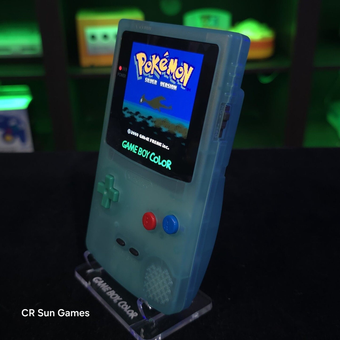 Glow In The Dark Blue Gameboy Color Console OLED Touch & USB-C Recharge Battery