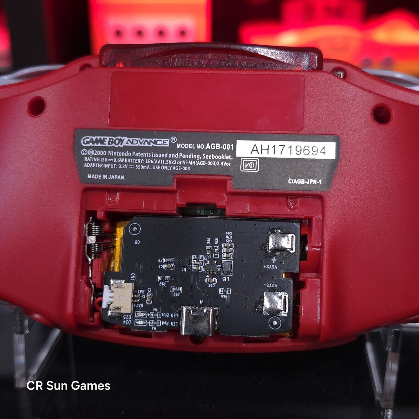 Red Game Boy Advance GBA iPS V5 LCD USB-C 1800 mAh Rechargeable Battery