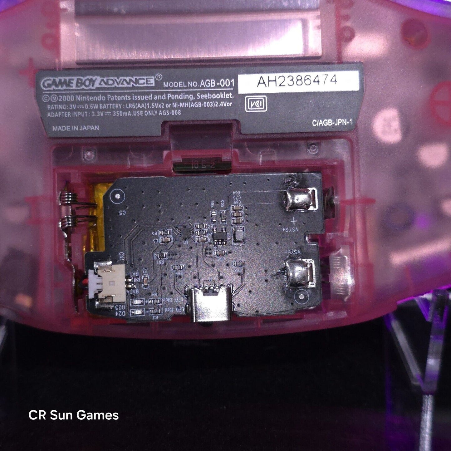 Clear Pink Game Boy Advance GBA iPS V5 LCD USB-C 1800 mAh Rechargeable Battery