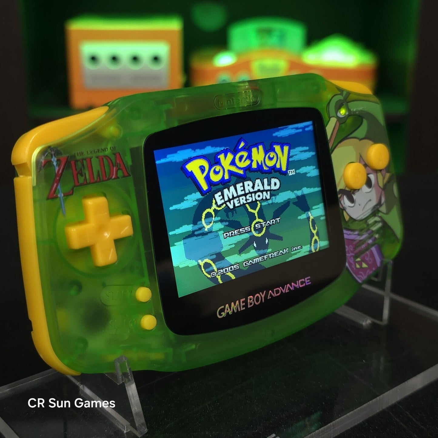 Link Zelda Clear Green Game Boy Advance GBA Console with iPS V5 Backlit LCD MOD