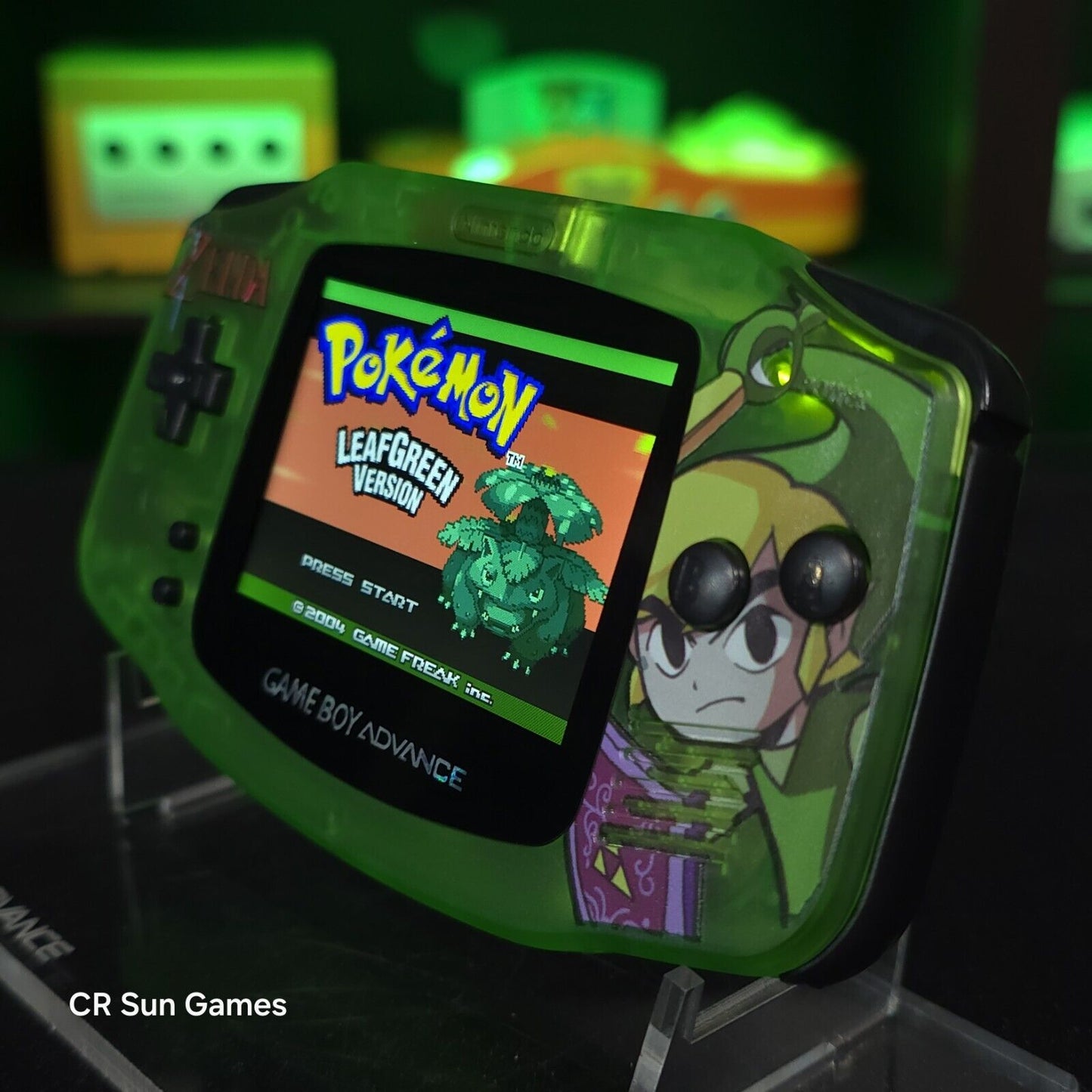 Link Zelda Clear Green Game Boy Advance GBA Console with iPS V5 Backlit LCD MOD